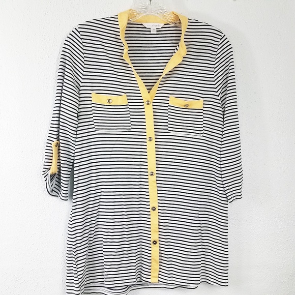 Charming Charlie Women's Button Down V Neck Pin Stripe Shirt Top Blouse - Picture 1 of 8